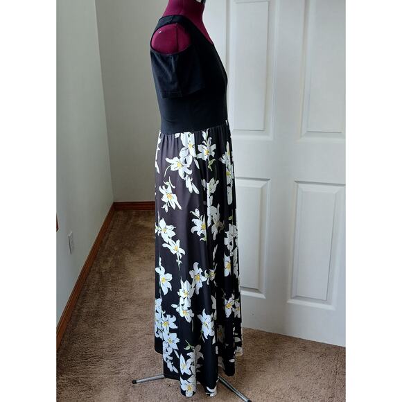 Styleword Black Cold Shoulder Maxi Dress XL pockets white lilies empire waist - Picture 4 of 15